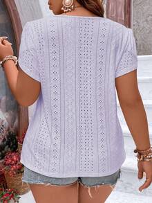 Vionelle 加大码撞色蕾丝花瓣袖T恤图案女式上衣 - 淡紫色 - 查看 2