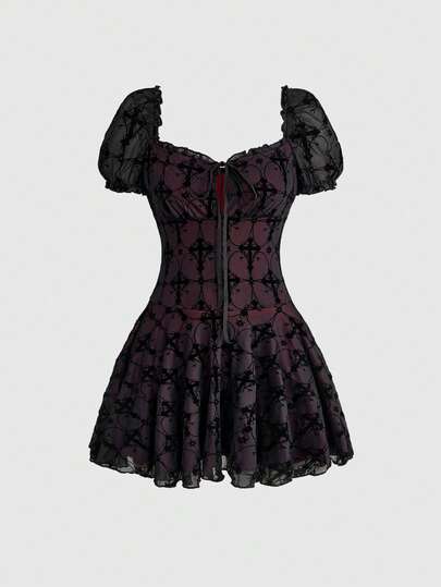 ROMWE Women's Romantic Retro Palace Gothic Flocked Contrast Color Petal Sleeve Mini Dress