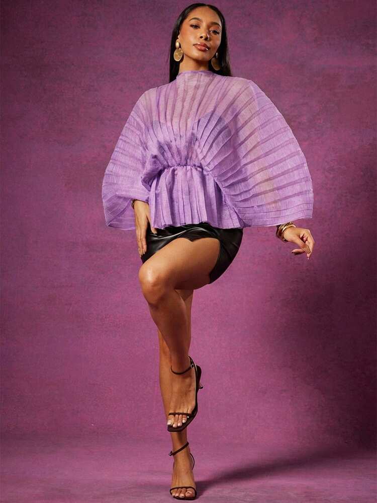 Vixey Sheer Mock Neck Long Sleeve Peplum Hem Pleated Textured