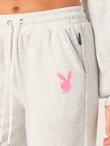 Missguided x Playboy 女士超大款兔子标志阔腿抽绳运动裤，舒适宽松版型，休闲慢跑裤，日常居家休闲服，春秋季款 - 淺灰色 - 查看 4