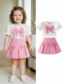 SHEIN Playful Pals 女婴针织泡泡袖蝴蝶结T恤上衣和裙子套装，粉色蝴蝶结设计，甜美女孩户外装，夏季 - 白色 - 查看 3
