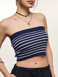 Rina Fox Sexy Striped Spaghetti Strap Camisole Top, Knit Undershirt For Summer, Wear Alone Or As Layering - Blue and White - View 6