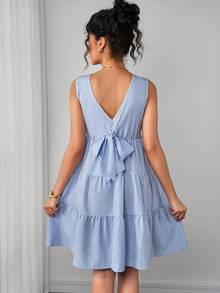 Momance Striped V-Back Cropped Elegant Bow Tie Maternity Dress - Blue - View 6