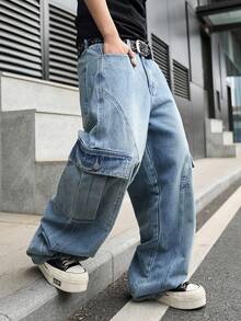 Manfinity EMRG Men's Casual Street Style Multi-Pocket Distressed Flared Leg Blue Jeans - Light Wash - View 5