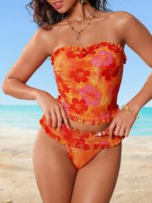 Swim Mod Women's Sweet & Fresh Plaid Print Camisole & Bikini Set, Suitable For Summer Beach Vacation - Multicolor - View 5