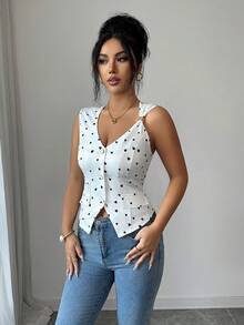 Selianne Women's Heart Print Single-Breasted Decorative Button Tank Top - White - View 4