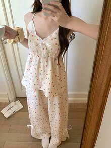 DAZY Women's Sweet Polka Dot Allover Print Textured Chiffon Pajama Set, Summer - White - View 13