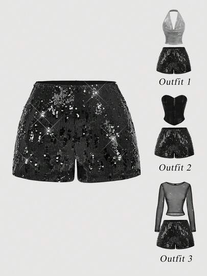 SHEIN MOD Plus Size Black Sequin Embellished Shorts, Suitable For Party, Gathering, Spring/Summer Casual Shorts.Plus Size Black Sequin Shorts High Waist Shiny Finish Slim Fit Stretch Fabric Sleek Silhouette Sparkling Style Soft Lining Eye Catching Details Comfortable Wear Subtle Texture Short Length Elastic Waistband Glamorous Look Lightweight Material Night Out Chic