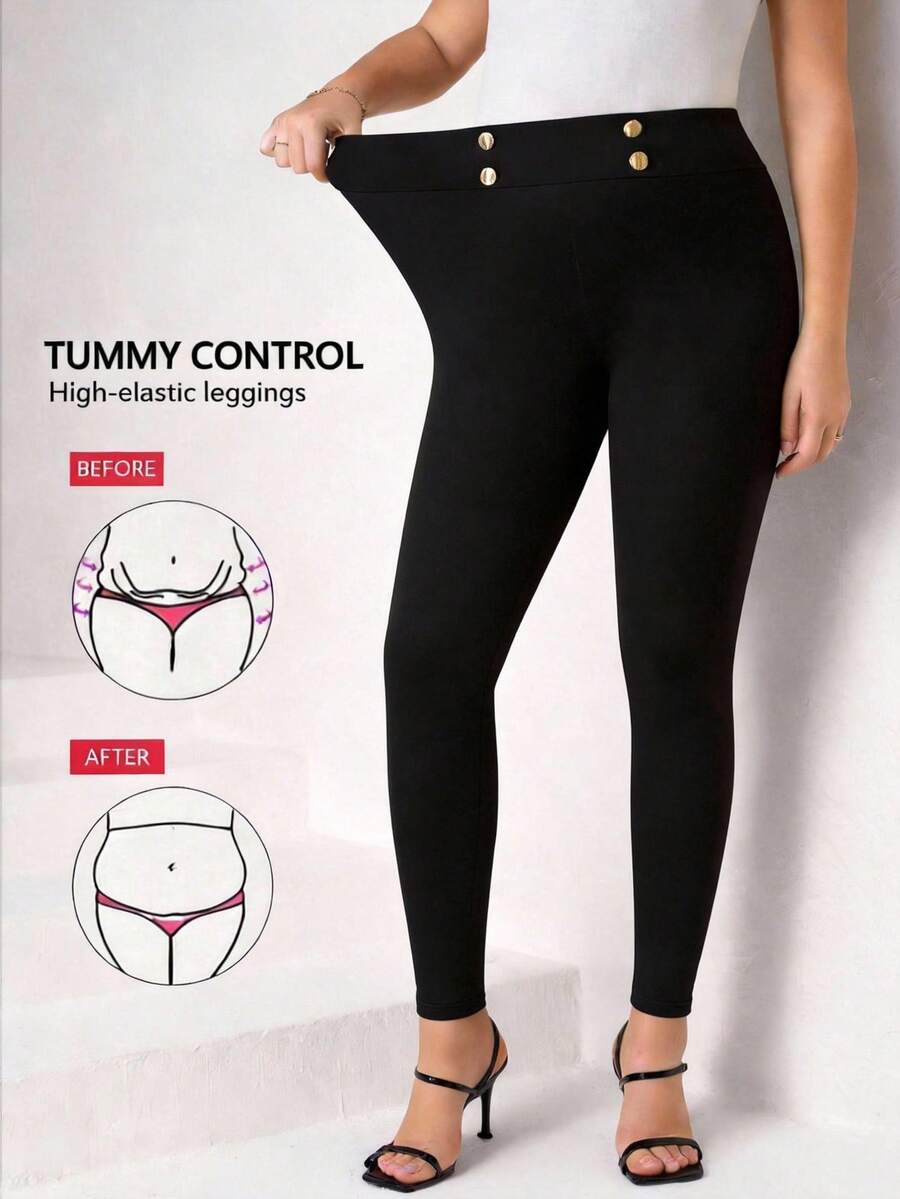 Chikora 大碼紐扣細節緊身打底褲 - 黑色 - 查看 1