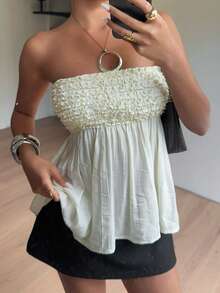 Siren Gaze Women Strapless Smocked Bodice Flared Hem Sleeveless Top, Summer Ladies Casual Wear, Ruffle Trim Strapless Top, Tube Top, Baby Doll Top, Summer Clothes Babydoll Tops Women White Strapless Top Dress Top Summer Tube Top Babydoll Tops For Women Tops For Women For Summer Beautiful Top Beautiful Tops For Women - Apricot - View 1