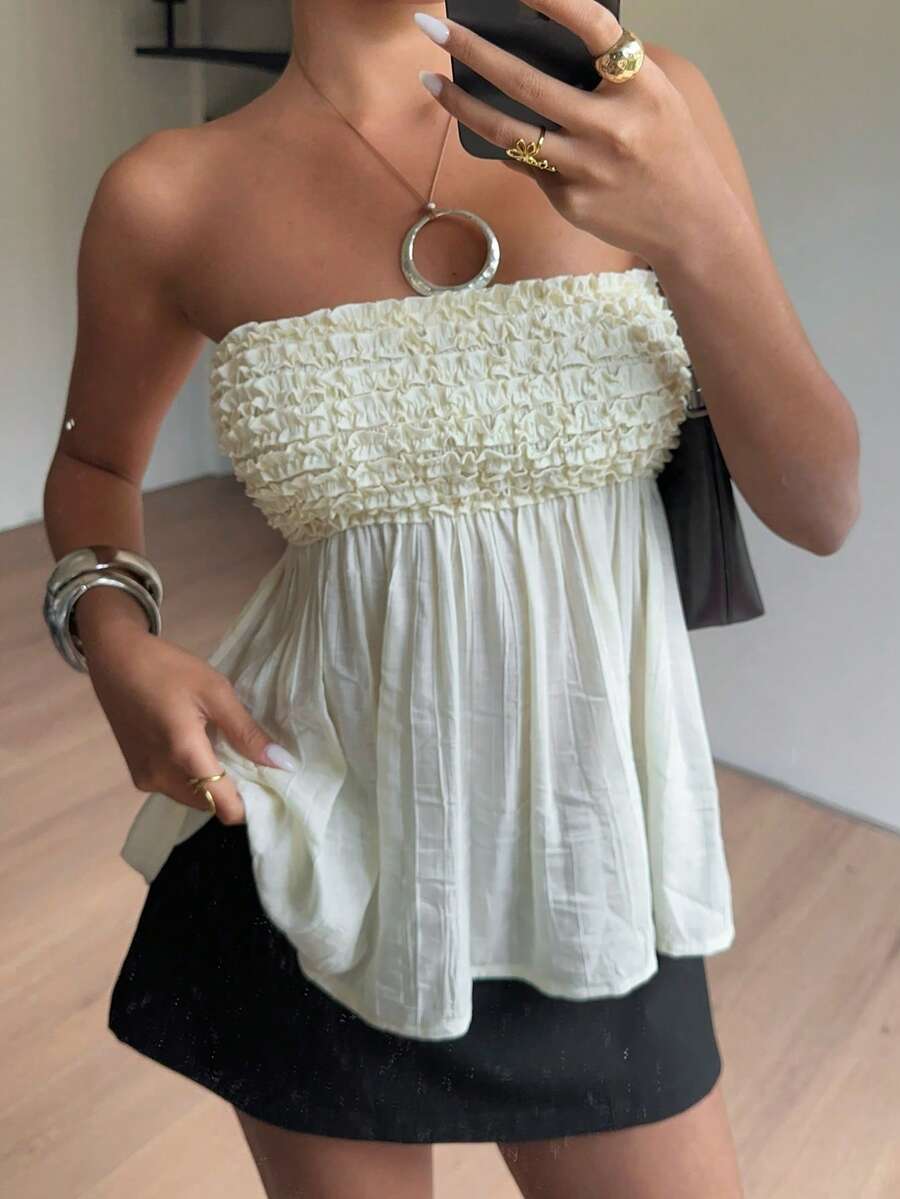 Siren Gaze Women Strapless Smocked Bodice Flared Hem Sleeveless Top, Summer Ladies Casual Wear, Ruffle Trim Strapless Top, Tube Top, Baby Doll Top, Summer Clothes Babydoll Tops Women White Strapless Top Dress Top Summer Tube Top Babydoll Tops For Women Tops For Women For Summer Beautiful Top Beautiful Tops For Women - Apricot - View 1