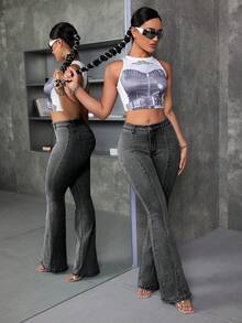 SHEIN ICON Pantalones acampanados de mezclilla lavada de moda callejera para mujer - Gris Oscuro - Ver 5