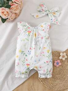 SHEIN Newborn Baby Floral Print Ruffle Casual Everyday Romper - Pink - View 3