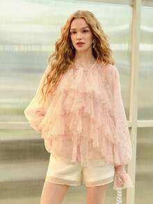 MOTF PREMIUM WOMEN'S LAYERED RUFFLED FLARE SLEEVE ROUND NECK ROMANTIC TOP, SPRING/SUMMER - Baby Pink - View 3