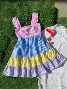 Sweetra Vestido midi de manga corta con parches de cuadros de talla grande y colorido - Multicolor - Ver 7