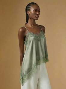 Briarwyn 女士夏季时尚纯色撞色蕾丝不对称下摆吊带背心 - 綠色 - 查看 3