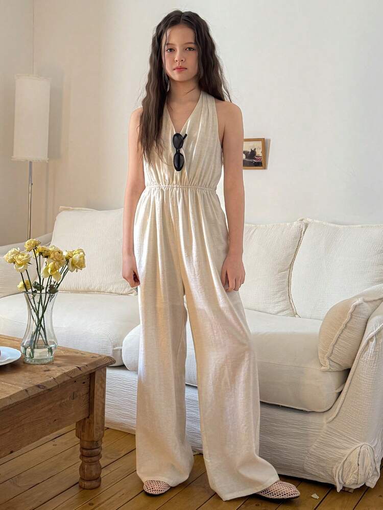 Tween Girls' Summer Casual Solid Color Sleeveless Jumpsuit