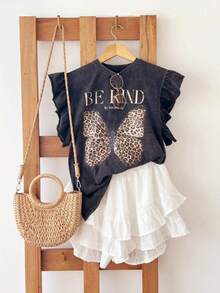 Resyla Leopard Print & Butterfly Pattern 100% Cotton Women's Round Neck T-Shirt With Ruffle Cuffs, Gift For Friends - Black - View 3
