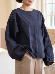 Livesso Women's Loose Plaid Batwing Sleeve Shirt - Blue - View 1