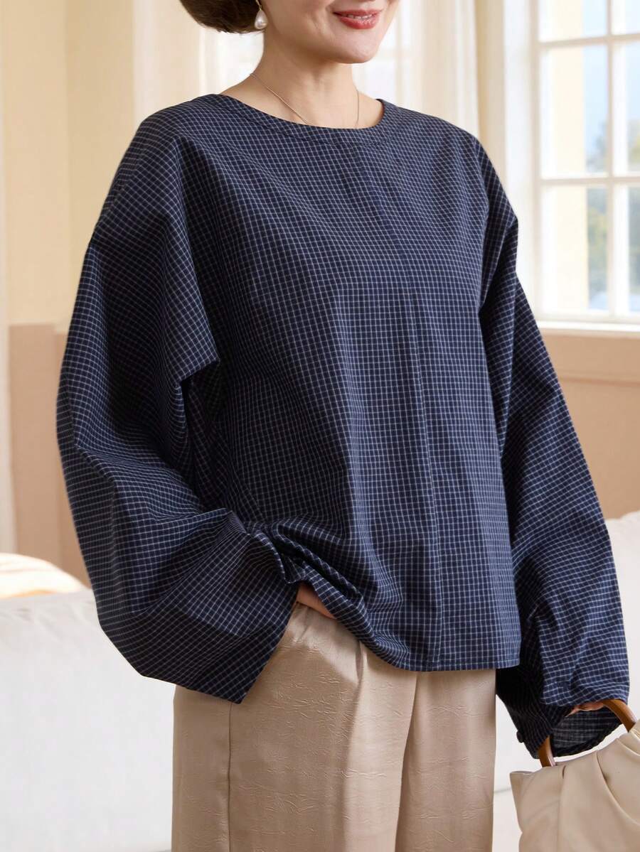 Livesso Women's Loose Plaid Batwing Sleeve Shirt - Blue - View 1