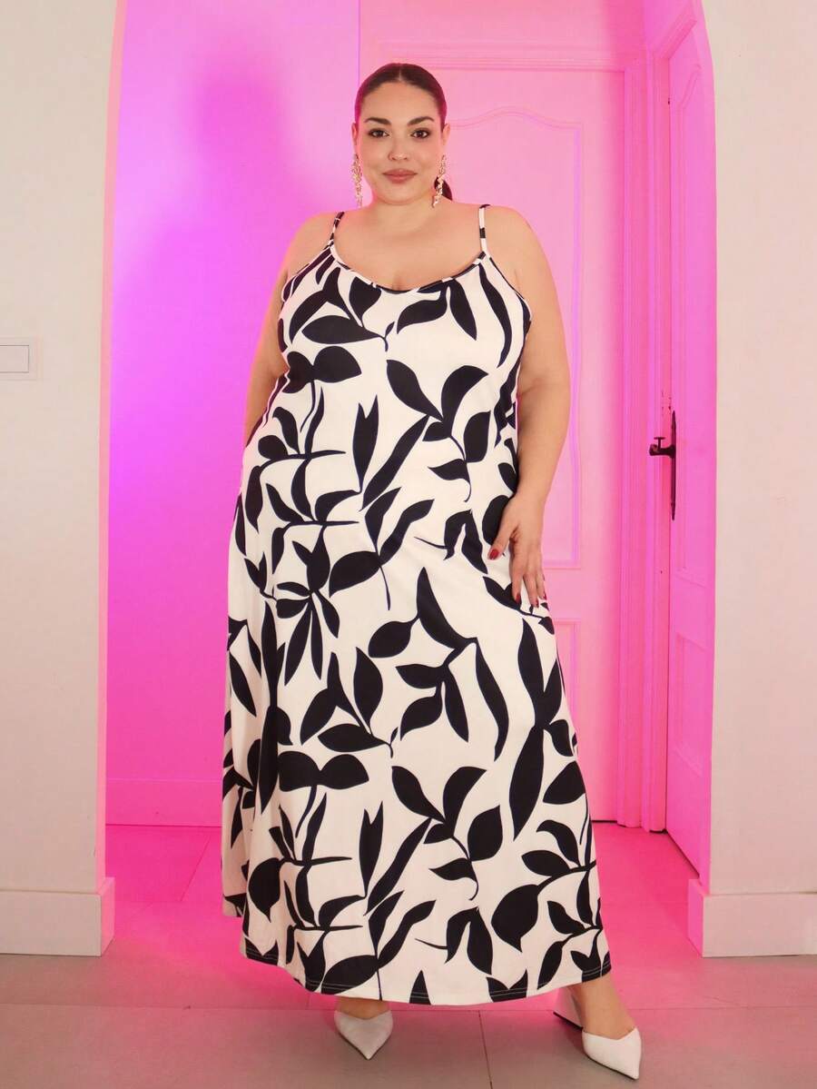 Pretty and Ole Plus Size Vacation Colorblock Leaf Print Casual Sleeveless Dress,Flowy Dress Suitable For Going Out Chic Dress Party - Black and White - View 1