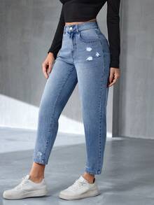 SHEIN Tall Women's Casual Distressed Tapered Leg Jeans - Light Wash - View 1