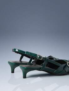 CUCCOO GRLICON 绿色漆皮尖头金属交叉绑带双扣小猫跟空心女鞋 - 綠色 - 查看 4