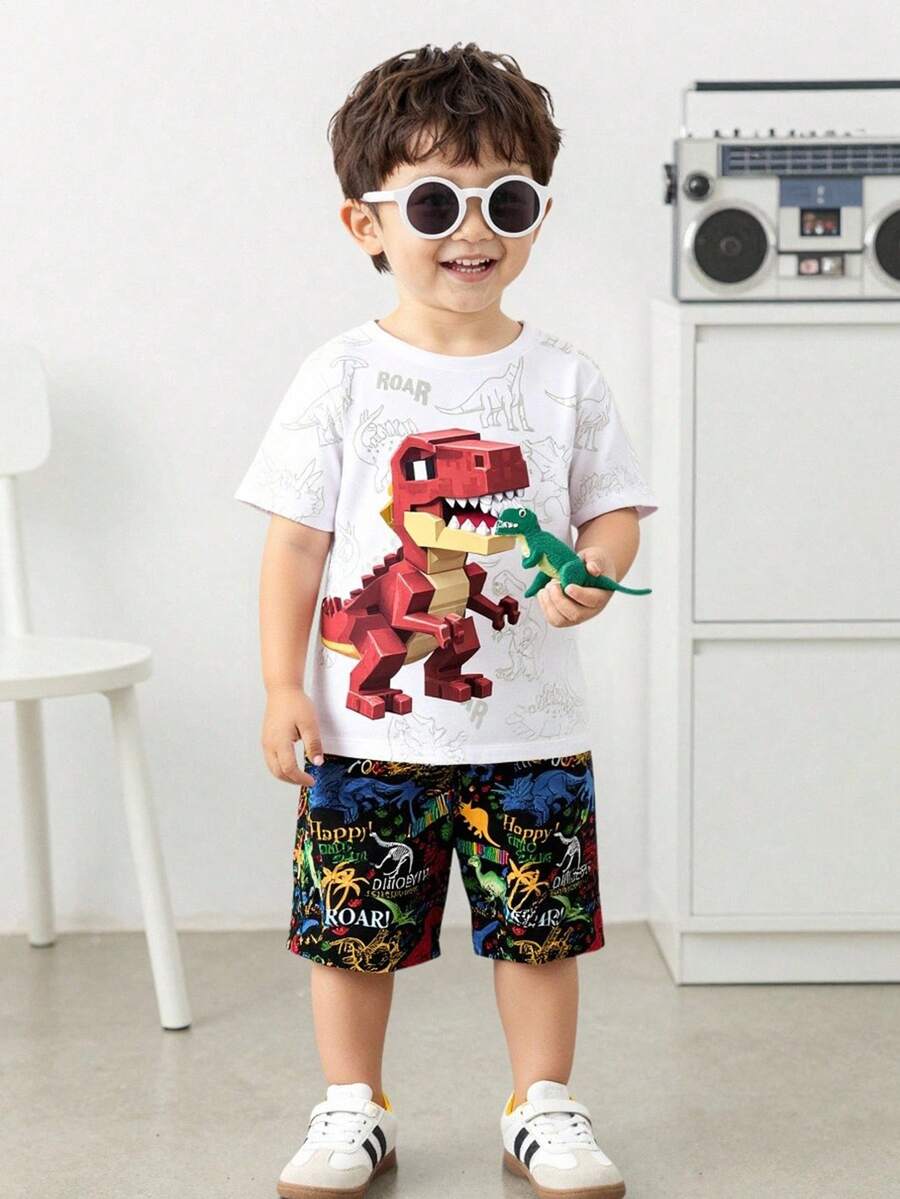 SHEIN Streecool Kids 2件組小男孩休閒椰子樹與漸層印花短袖T恤短褲套裝,舒適日常穿著,適合春夏、拍照、外出、禮物,時尚男孩休閒穿著,兒童圖案服飾,春夏套裝,新風格,輕鬆涼爽,春季氛圍,悠閒夏日假期 - 彩色 - 查看 1