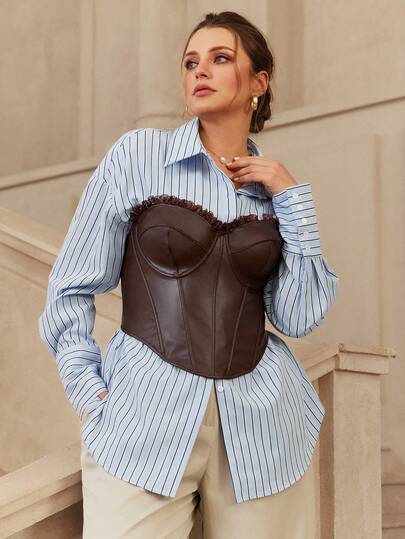 VOLUPTÉ CURVE 大码春季衬衫，通勤必备，简约风格，蓝白条纹翻领长袖，金属腰带收腰设计，休闲百搭上衣