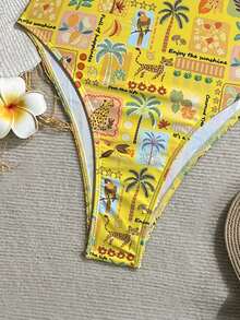 Soleia Áo tắm liền thân nữ kiểu dáng kín đáo, dễ thương, họa tiết nhiệt đới, viền bèo nhún, thích hợp cho kỳ nghỉ biển và mùa hè. - Màu vàng - Xem 4