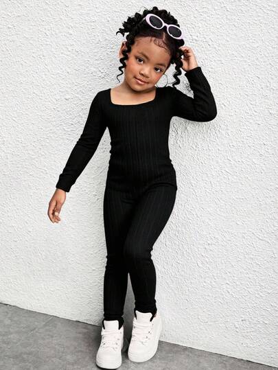 TaviRue Mono de punto de cuello redondo de manga larga de unicolor, de tela elástica y acanalada, de estilo casual de calle para niñas jóvenes, a juego con el atuendo de la hermana