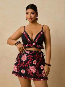 Travachic Plus Size Women Summer Floral Print Shorts Set, Camisole Top With Ruffle Hem Paired With Wrap Skort 2-Piece Outfit - Black - View 3