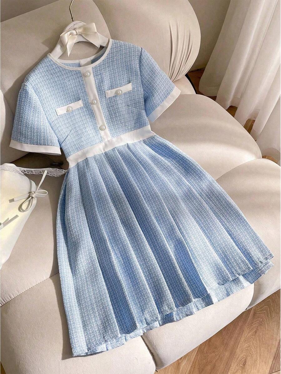 SHEIN Teen Girl Round Neck Contrast Trim Pleated Elegant Short Sleeve Dress - Blue - View 1