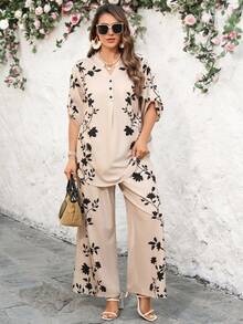 EMERY ROSE 大码印花衬衫和裤子两件套，休闲度假装 - 杏色 - 查看 7