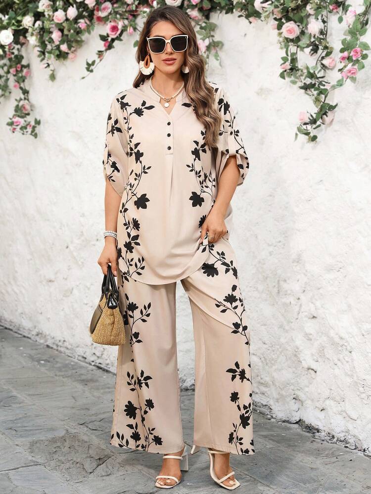 EMERY ROSE 大码印花衬衫和裤子两件套，休闲度假装 - 杏色 - 查看 7