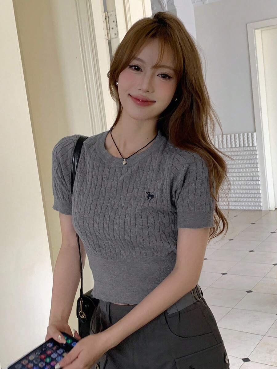 DAZY Letter Embroidery Cable Knit Top - Grey - View 1