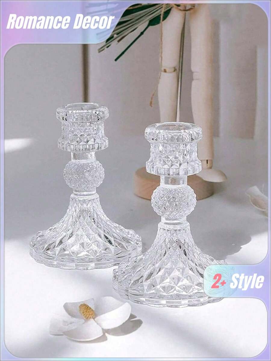 1 cái/2 cái Chân nến bằng thủy tinh trong suốt họa tiết kim cương, Đồ trang trí nội thất cho bàn ăn, phòng khách, đám cưới, quà tặng