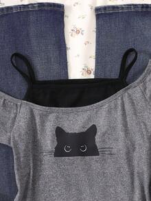 SHEIN Teenager Mädchen Sommer Neuankömmling Koreanischer Stil Süßes Thema Grau Off-Shoulder Kurzarm T-Shirt, mit einem Design, das durch verspielte Schwarze Katzen Drucke betont wird und einen niedlichen Charme verleiht; vielseitig und auffallend zu tragen, perfekt für tägliche Ausflüge oder Treffen Sommer Tops Katze Süße Tops Süße Tops - Grau - Übersicht 6