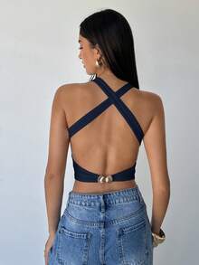 Aloruh Áo tank top nữ gợi cảm hở lưng, dây chéo, thích hợp cho mùa hè - Màu xanh hải quân - Xem 6