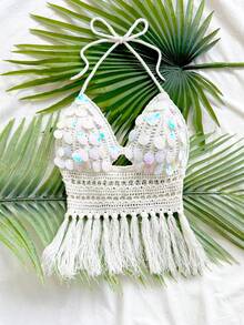 Soleia 女士串珠露背流苏针织上衣，适合度假、约会、下午茶、海滩、邮轮、城市旅行、婚礼季、音乐节、波西米亚风假期等场合。 - 彩色 - 查看 6