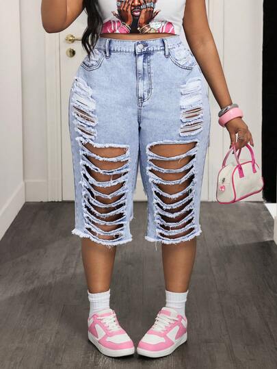 Slaydiva Plus Size Women High Waist Pockets Distressed Frayed Hem Capri Jeans