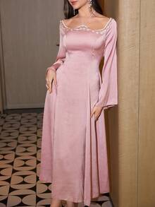 Modelyn Women's Elegant Romantic Long Dress With Embossed Texture, Cinched Waist, A-Line Silhouette, Long Sleeve, Spring/Summer - Pink - View 5