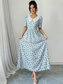 Modelyn 女士彼得潘领印花荷叶边优雅收腰长款派对连衣裙 - 藍色 - 查看 6