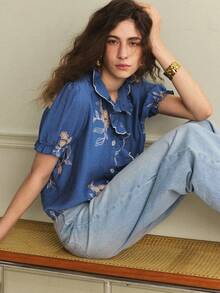 Écloséra Women's Elegant French Blue Floral Embroidered Shirt,Summer Tea Party Ruffle Commuting Fashion Craft Contrast Versatile Long-Sleeved Shirt - Blue - View 5