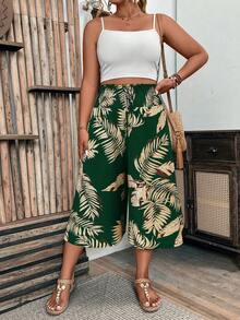 Breezaya Plus Size Women Leaf Print Casual Versatile Wide Leg Pants For Daily Wear - Dark Green - View 3