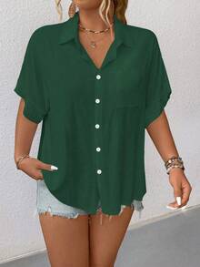 Elenzga Plus Size Women's Solid Color Lapel Single-Breasted Casual Versatile Daily Wear Short Sleeve Shirt - Dark Green - View 5