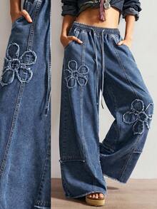 Bohemela 大尺碼女款牛仔褲 高腰花朵貼花抽繩 寬鬆休閒波希米亞風 1920年代復古 90年代 寬腿 深藍色 秋季海灘度假外出穿搭 - 深色水洗藍 - 查看 1