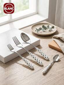 Madebyblanc 1PC/2PCS Ceramic Handle Stainless Steel Flatware Set, Polished Surface Cutlery With Dot Pattern Ceramic Handle Dessert Spoon, Dinner Fork, And Table Spoon - Creative Kitchen Tools Including Fork, Teaspoon, And Soup Spoon, Ideal For Daily Dining - Multicolor - View 1