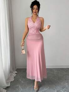 Modelyn Vestido elegante de mujer con parches de malla y jacquard de rosa - Rosa - Ver 6