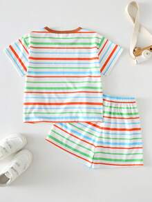 SHEIN Bộ 2 món đồ ngủ ngắn tay, quần short, họa tiết hoạt hình hình chó, sọc, dáng rộng thoải mái cho bé trai, thích hợp mặc mùa hè. - Nhiều màu - Xem 2